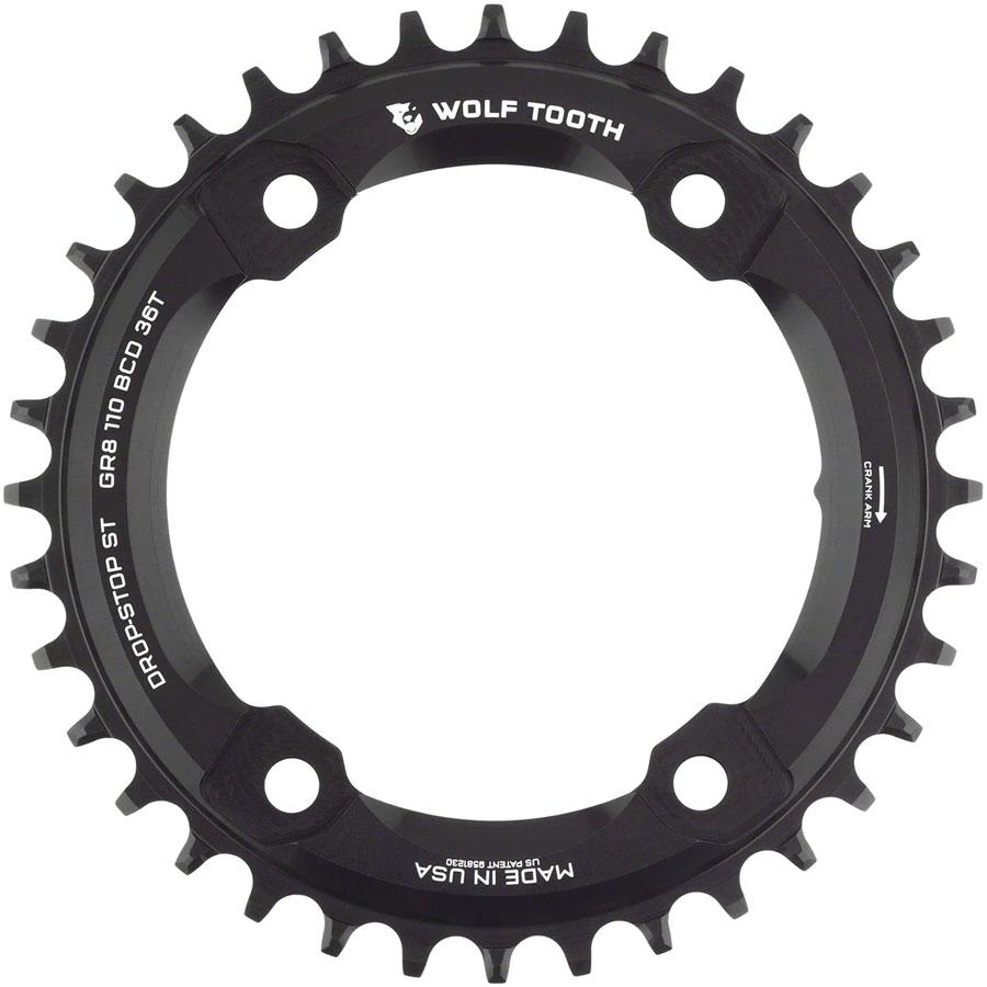 Wolf Tooth Shimano 110 Asymmetric BCD Chainring - 36t, 110 Asymmetric BCD, 4-Bolt, Drop-Stop ST, For Shimano GRX Cranks, Black