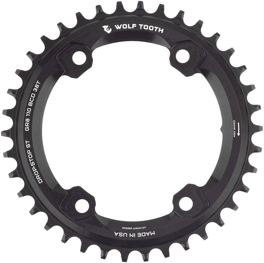 Wolf Tooth Shimano 110 Asymmetric BCD Chainring - 38t, 110 Asymmetric BCD, 4-Bolt, Drop-Stop ST, For Shimano GRX Cranks, Black