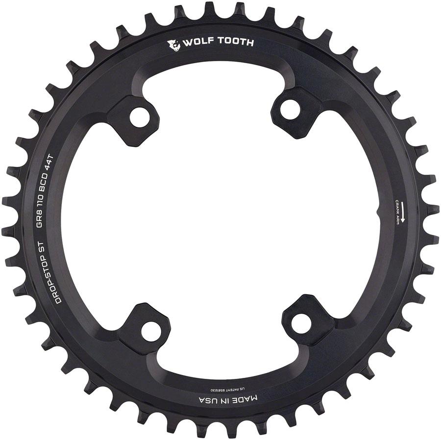Wolf Tooth Shimano 110 Asymmetric BCD Chainring - 44t, 110 Asymmetric BCD, 4-Bolt, Drop-Stop ST, For Shimano GRX Cranks, Black